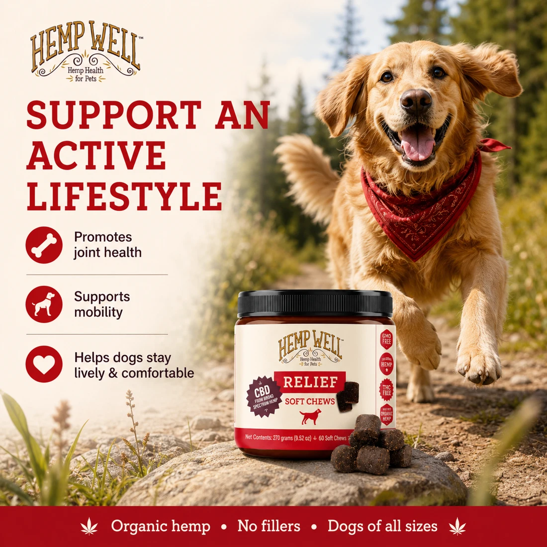 Hemp Well Relief soft chews pictured with a golden retriever outdoors